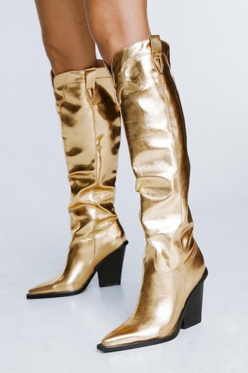 Metallic Faux Leather Knee High Cowboy Boots gold