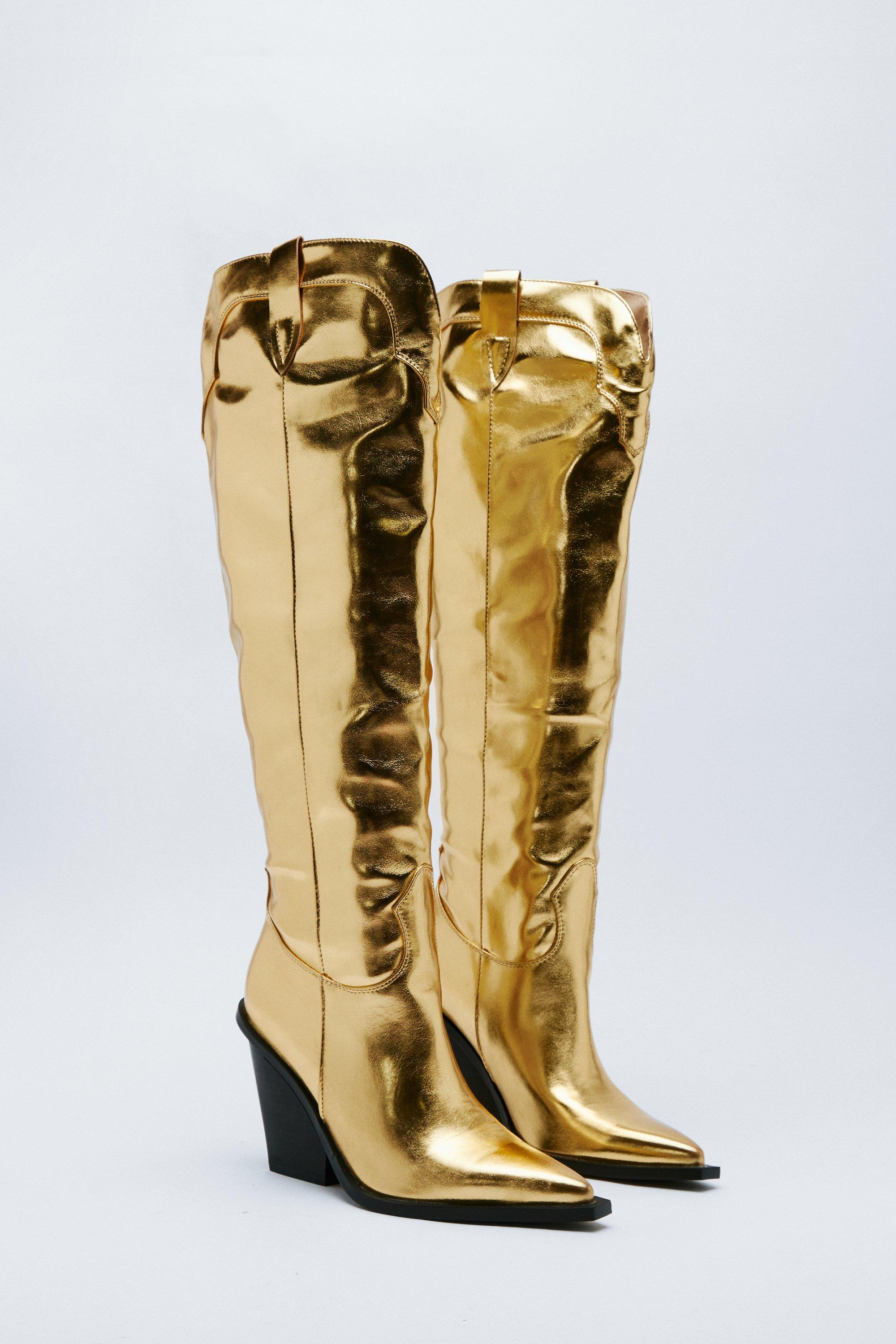 Metallic Faux Leather Knee High Cowboy Boots