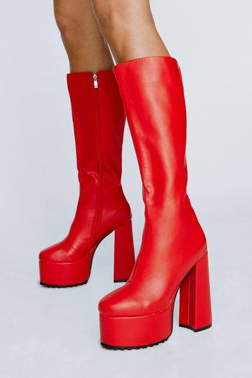 Red Faux Leather Platform Knee High Boots
