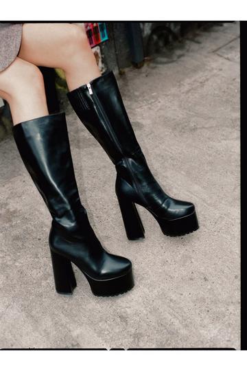 Black Faux Leather Platform Knee High Boots