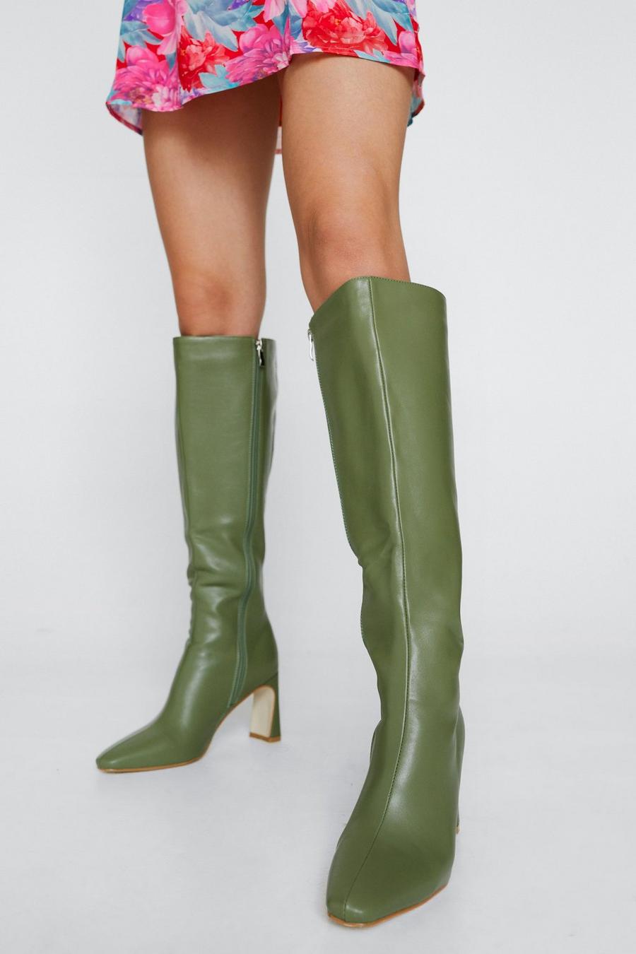 Faux Leather Flared Heel Knee High Boots