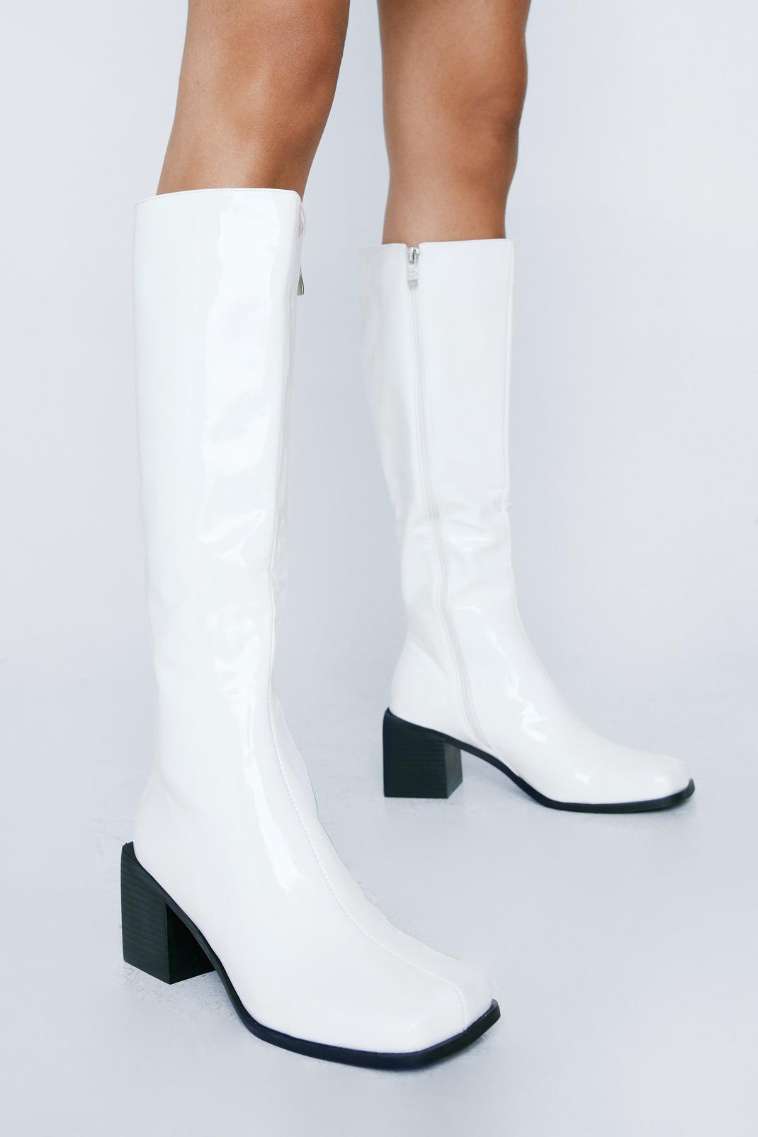 White Patent Square Toe Knee High Boots  image number 1