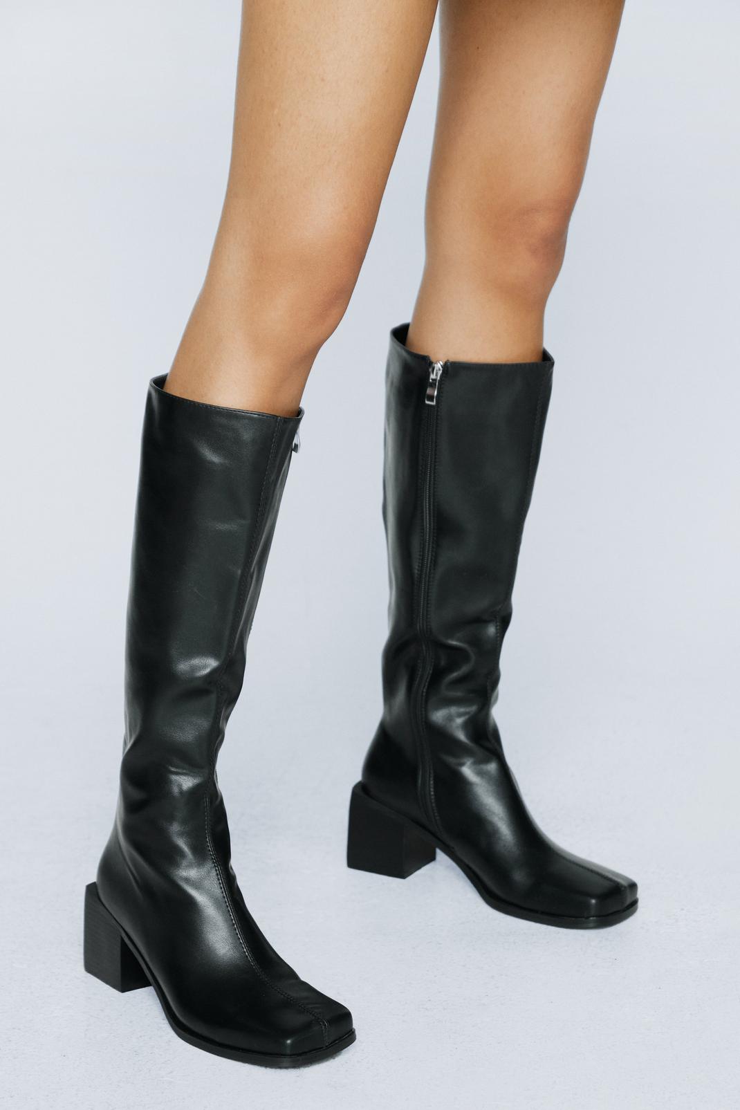 Black Faux Leather Square Toe Knee High Boots image number 1