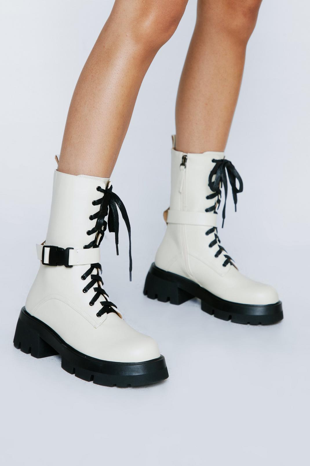 Cream Faux Leather Lace Up Buckle Detail Biker Boots image number 1