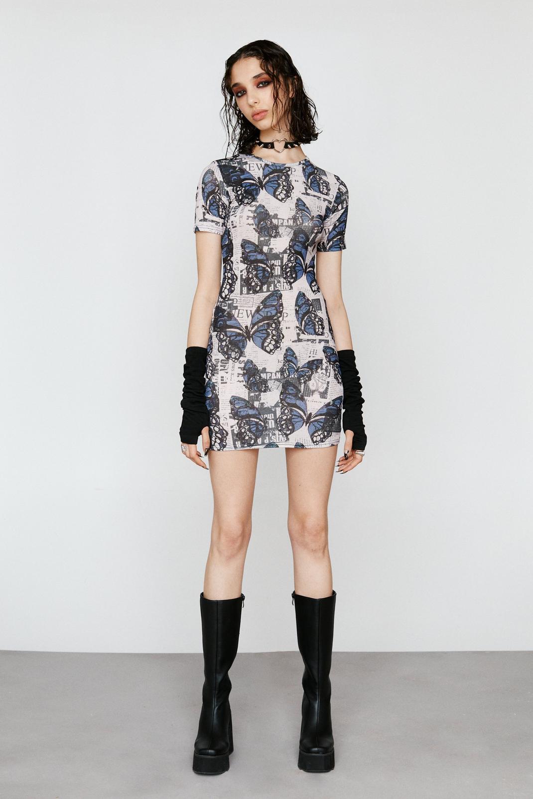 Butterfly Print Short Sleeve Mini Dress, 165 image number 2