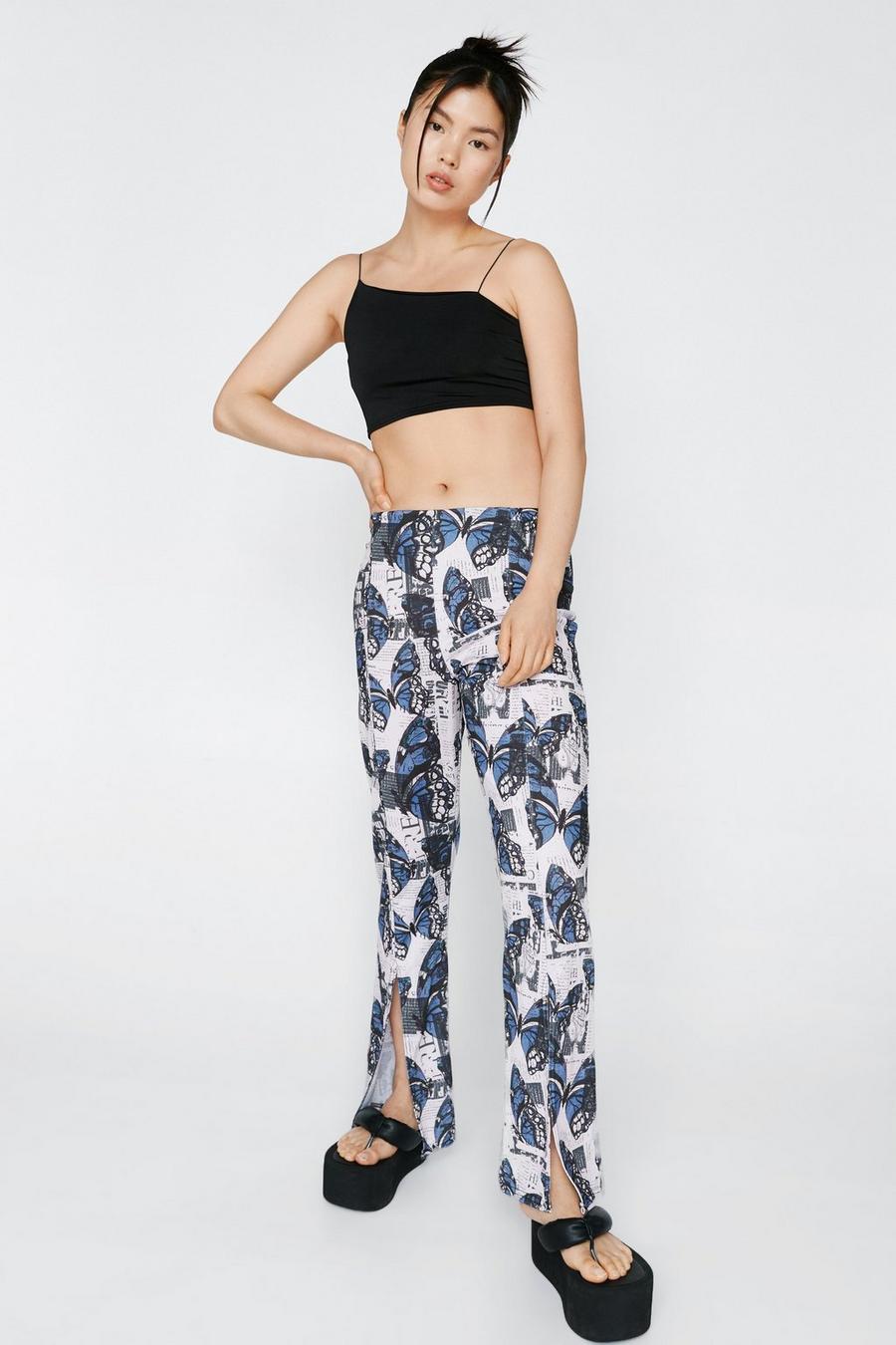 Butterfly Newspaper Print Crepe Split Front Trousers