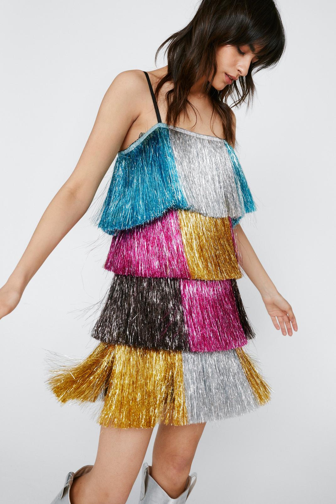 Multi Color Block Tinsel Fringe Mini Dress image number 1