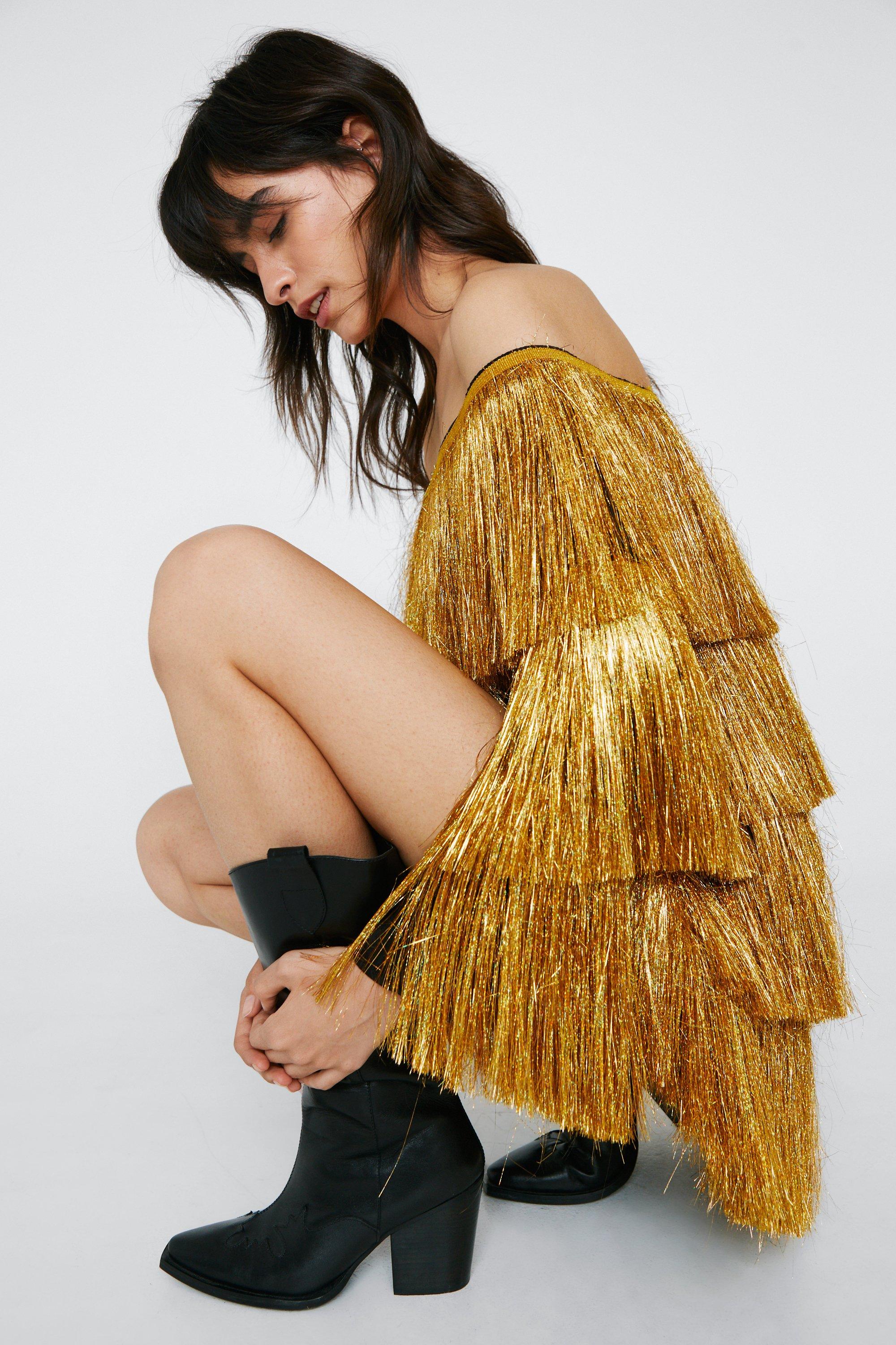 Off The Shoulder Long Sleeve Tinsel Fringe Mini Dress