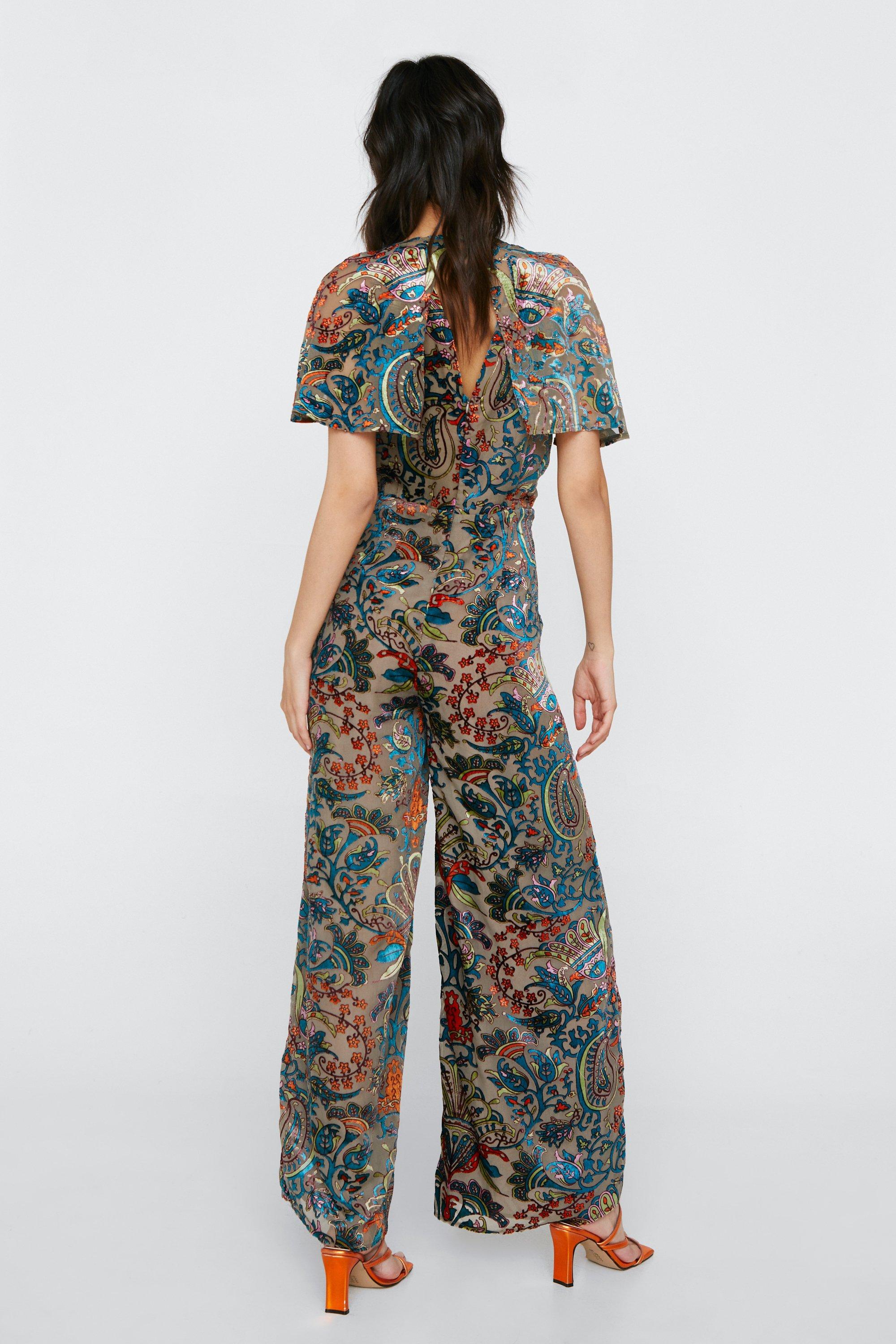 Paisley Devore Angel Sleeve Jumpsuit | Nasty Gal