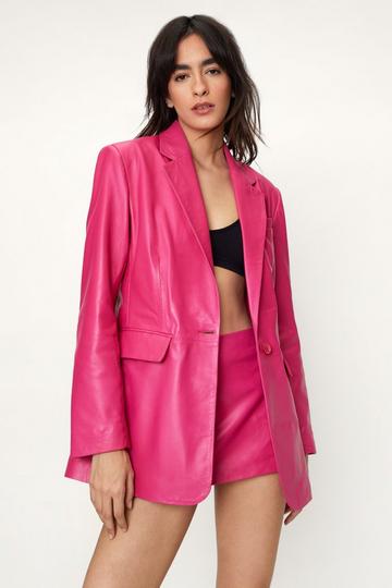 Pink Real Leather Single Breasted Blazer