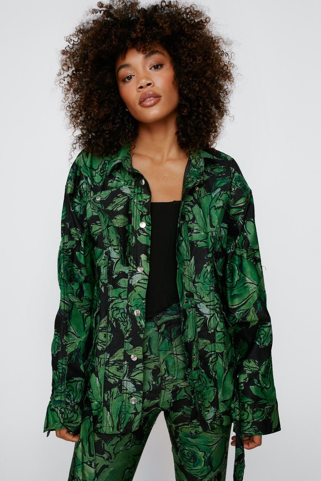 Green Denim Floral Denim Jacket - Quillattire