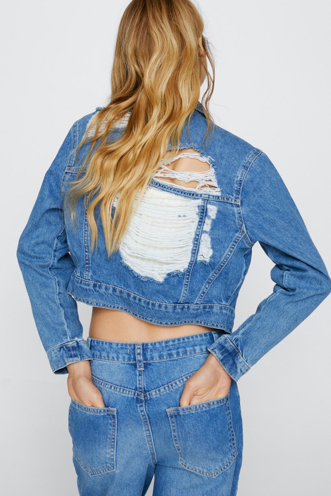 Mid blue Extreme Ripped Distressed Denim Jacket image number 1