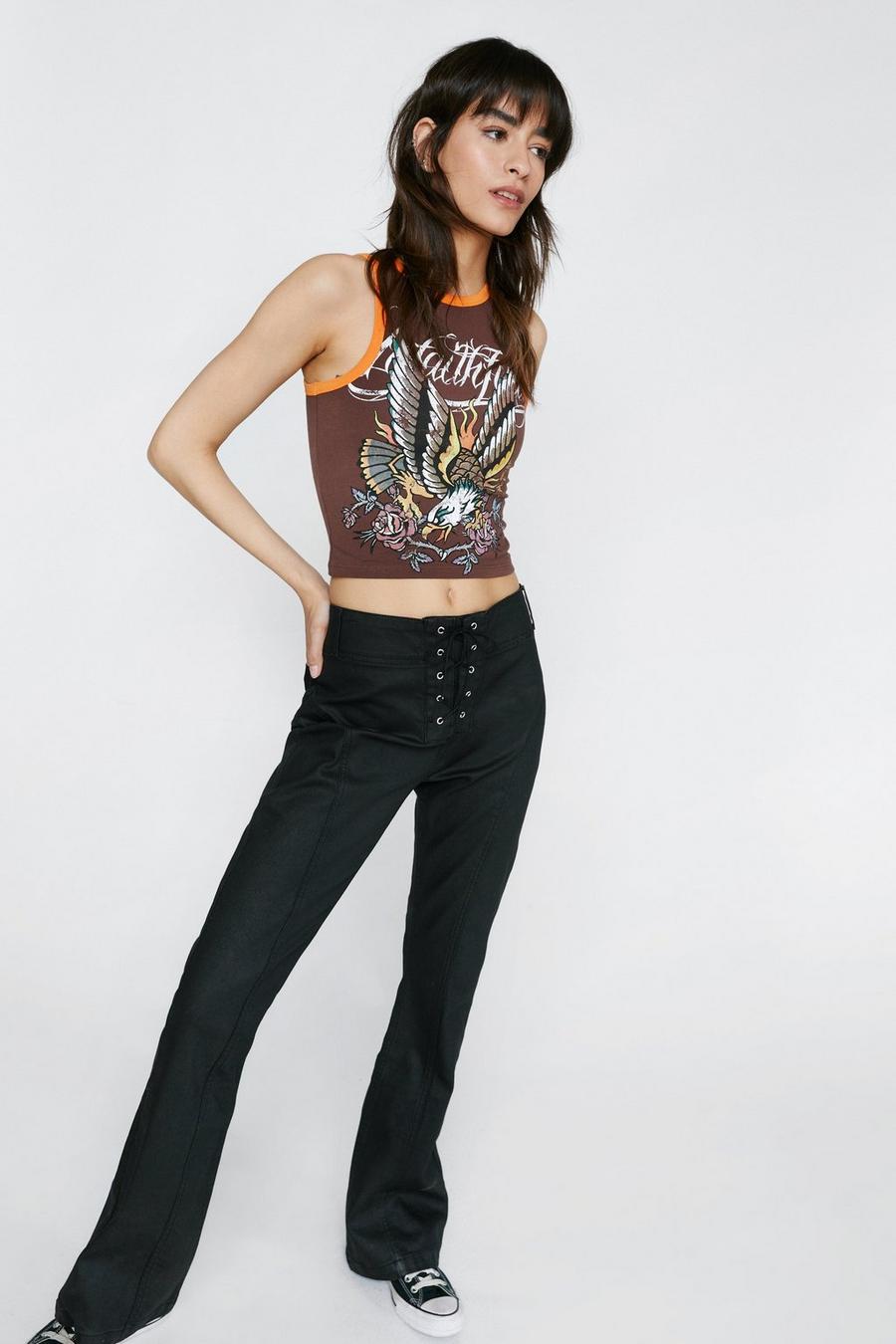 Lace Up Coated Denim Flared Trousers