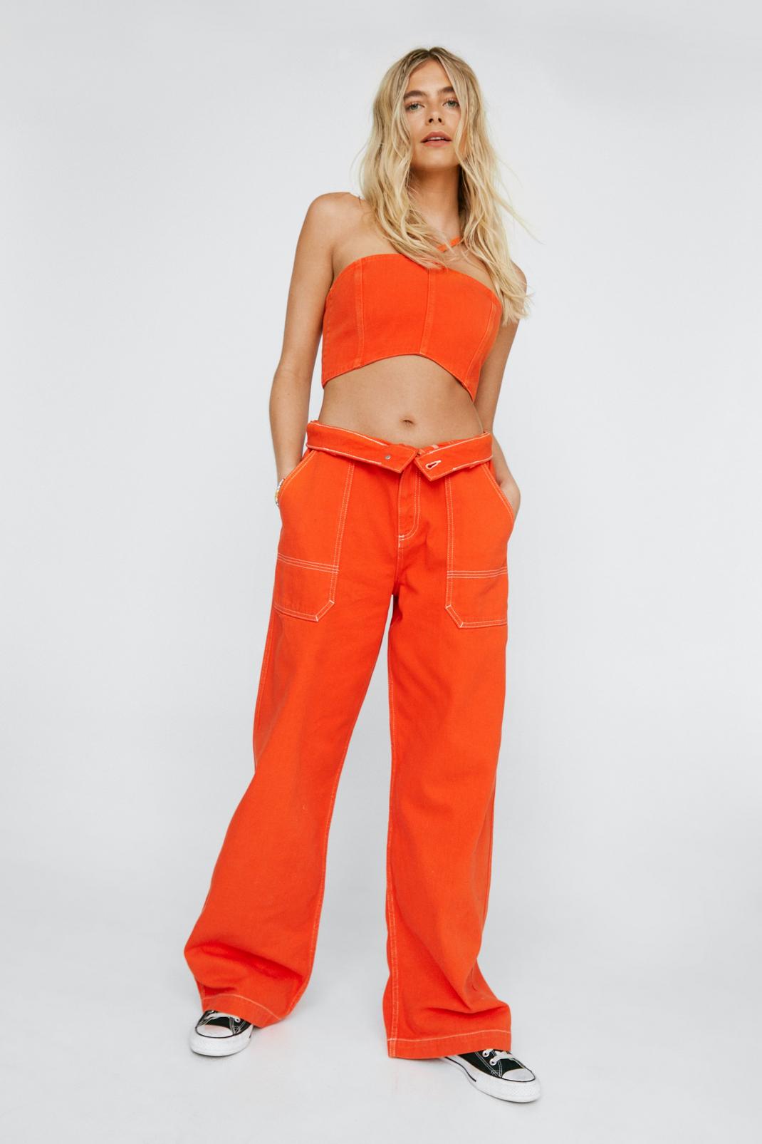 Orange Contrast Stitch Denim Cargo Jeans image number 1