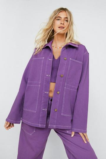 Purple Contrast Stitch Denim Cargo Shirt