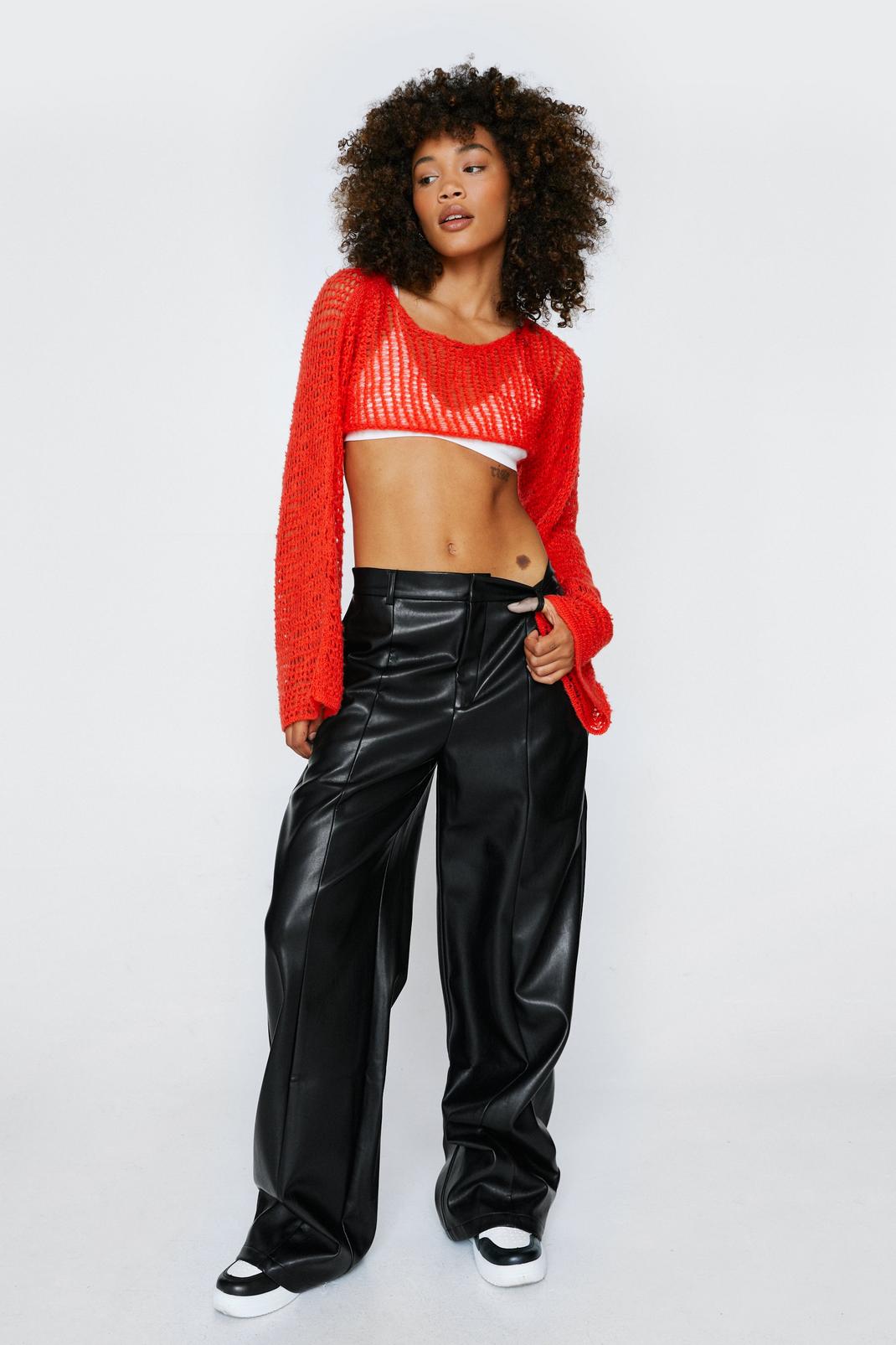 Black Faux Leather Seam Front Wide Leg Pants image number 1
