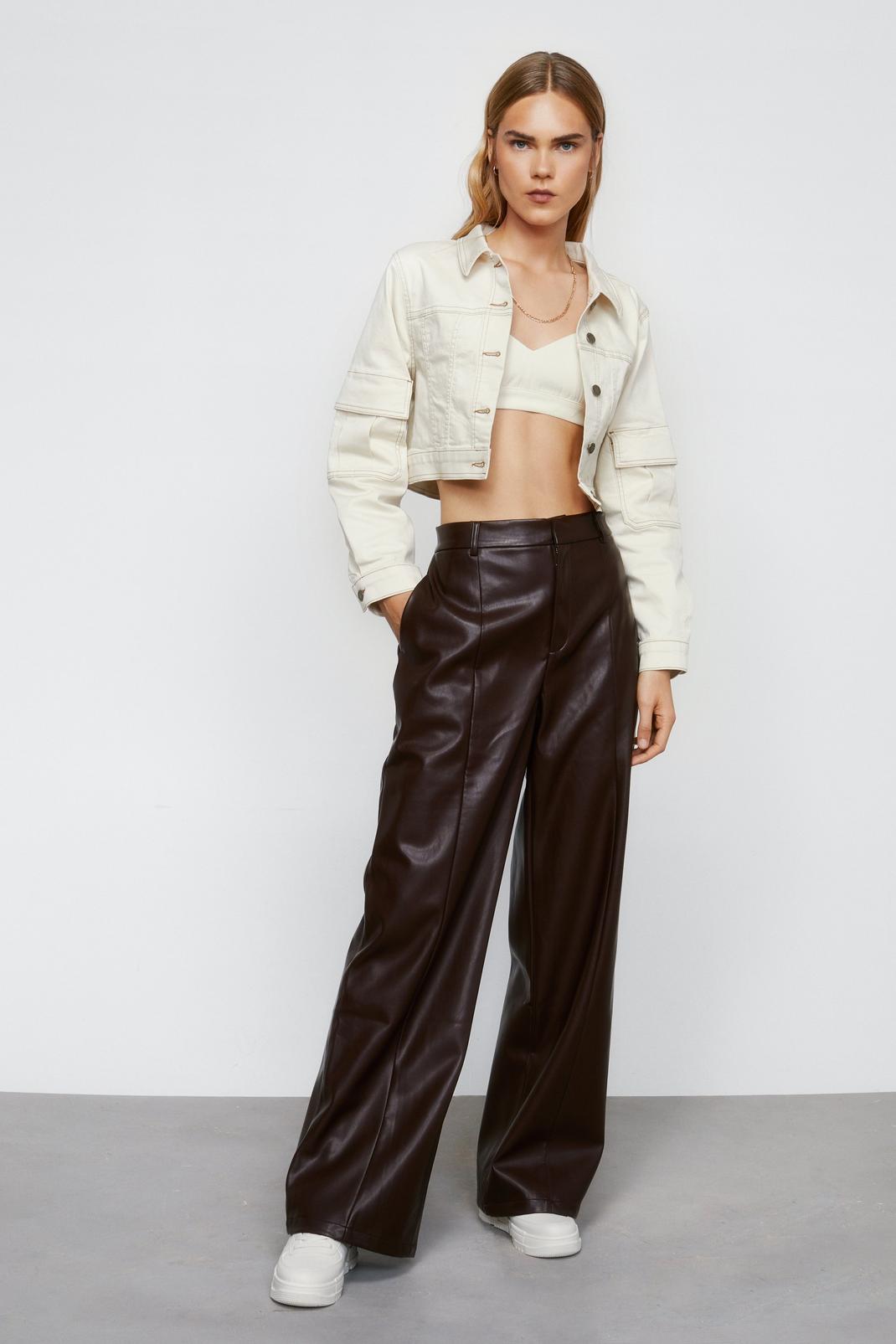 Chocolate Faux Leather Seam Front Wide Leg Trousers image number 1