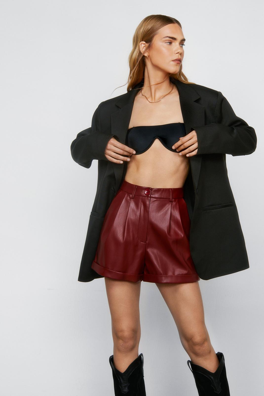 Oxblood Faux Leather Pleated Roll Hem Shorts image number 1