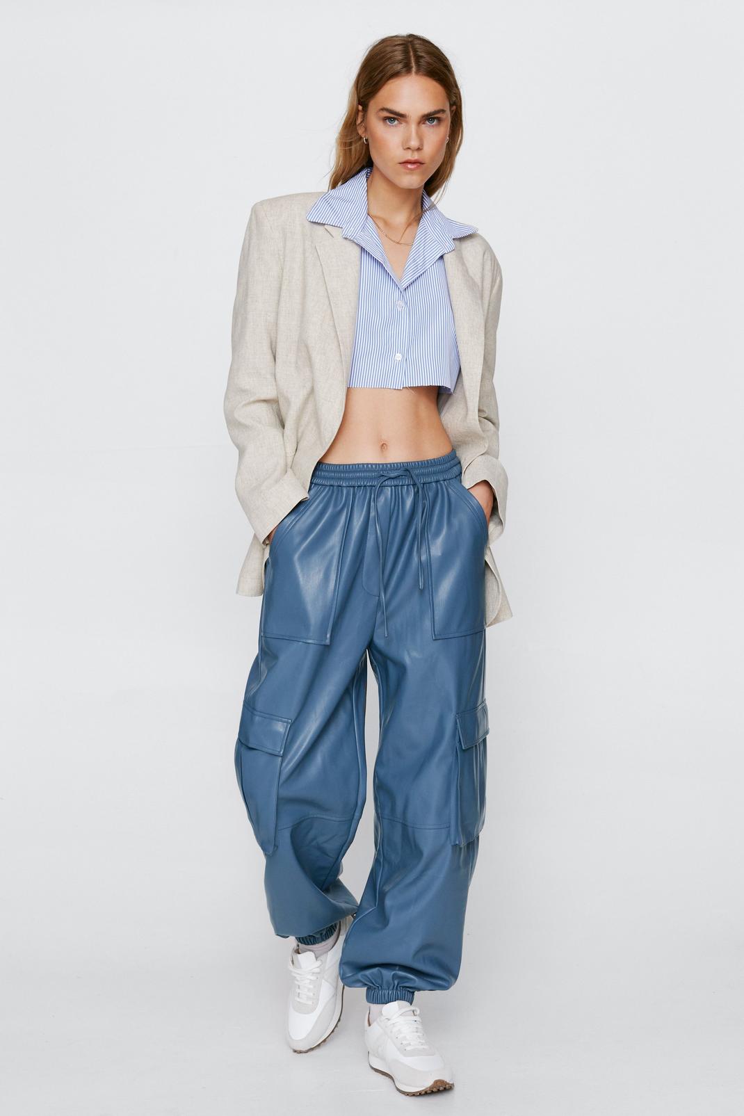 Blue Faux Leather Cargo Joggers image number 1