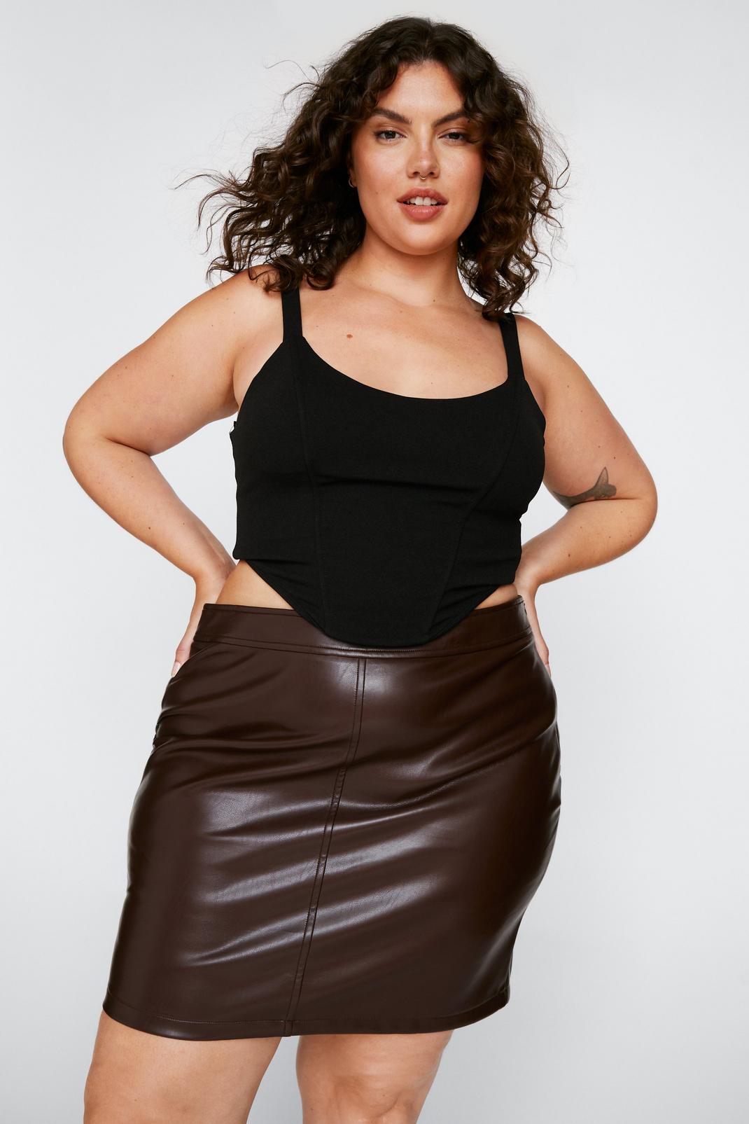 Chocolate Plus Size Faux Leather Pelmet Mini Skirt image number 1