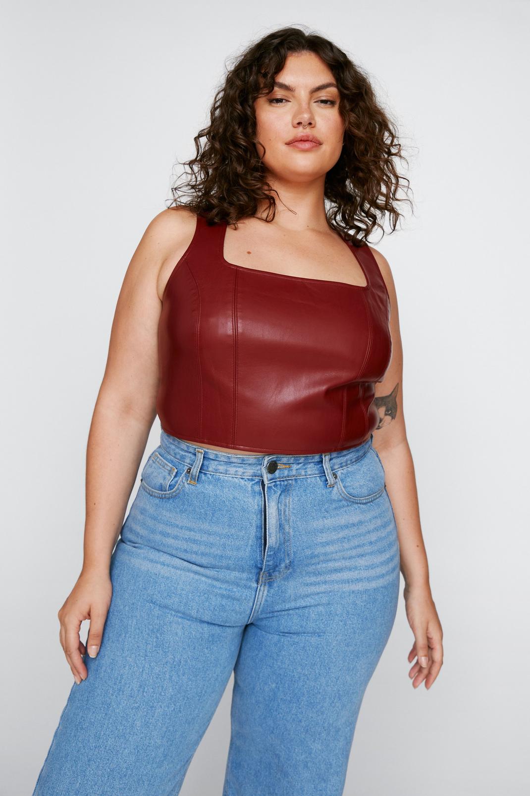 Oxblood Plus Size Faux Leather Corset Top image number 1