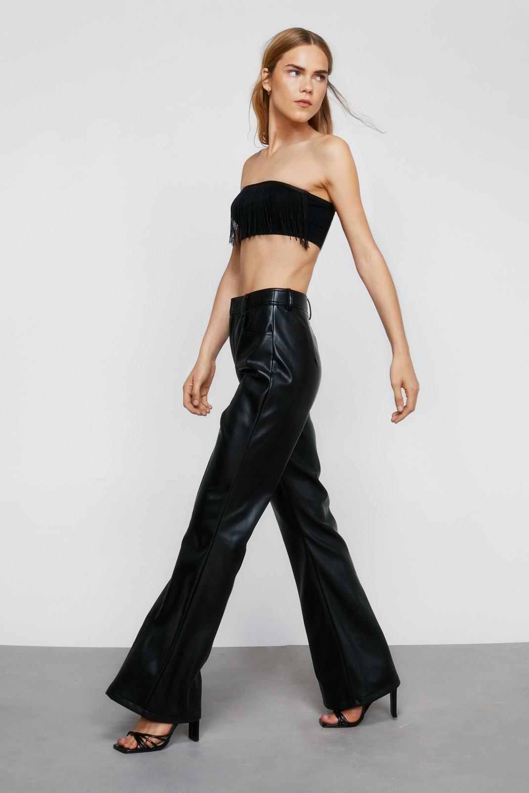 Black Faux Leather Seam Front Flare Pants image number 1