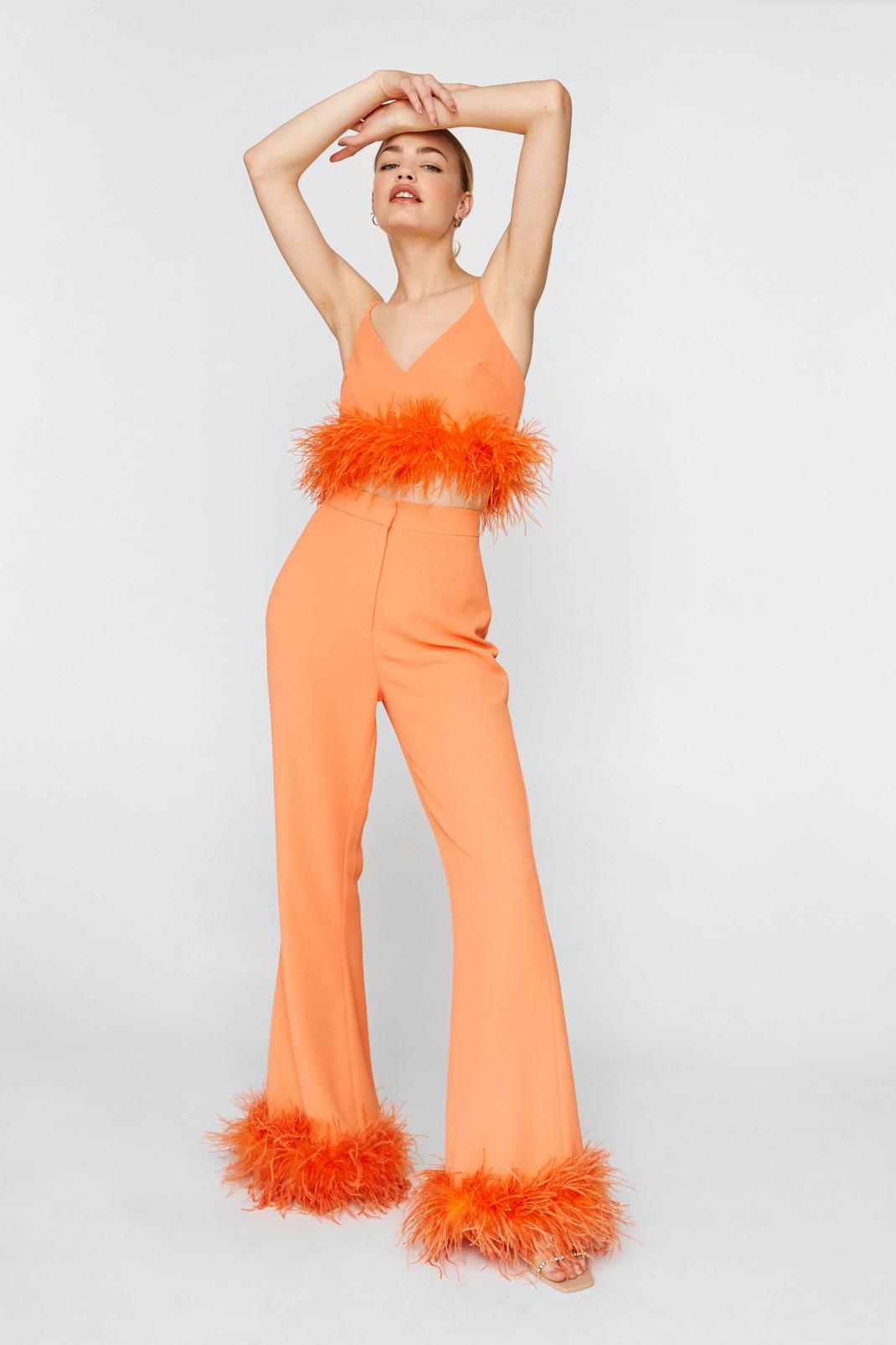 Orange Feather Trim Kick Flare Trousers image number 1