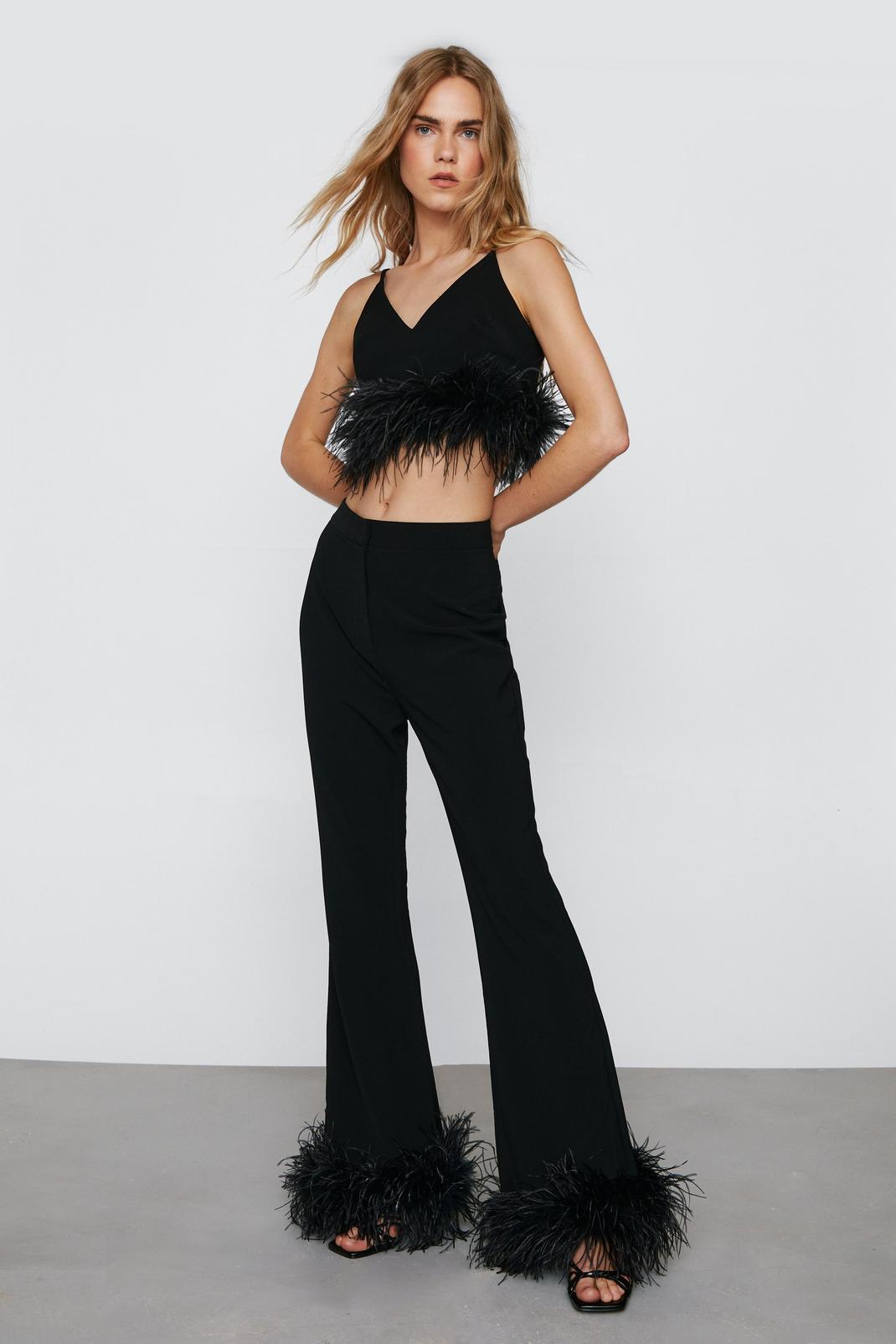 Black Feather Trim Kick Flare Trousers image number 1
