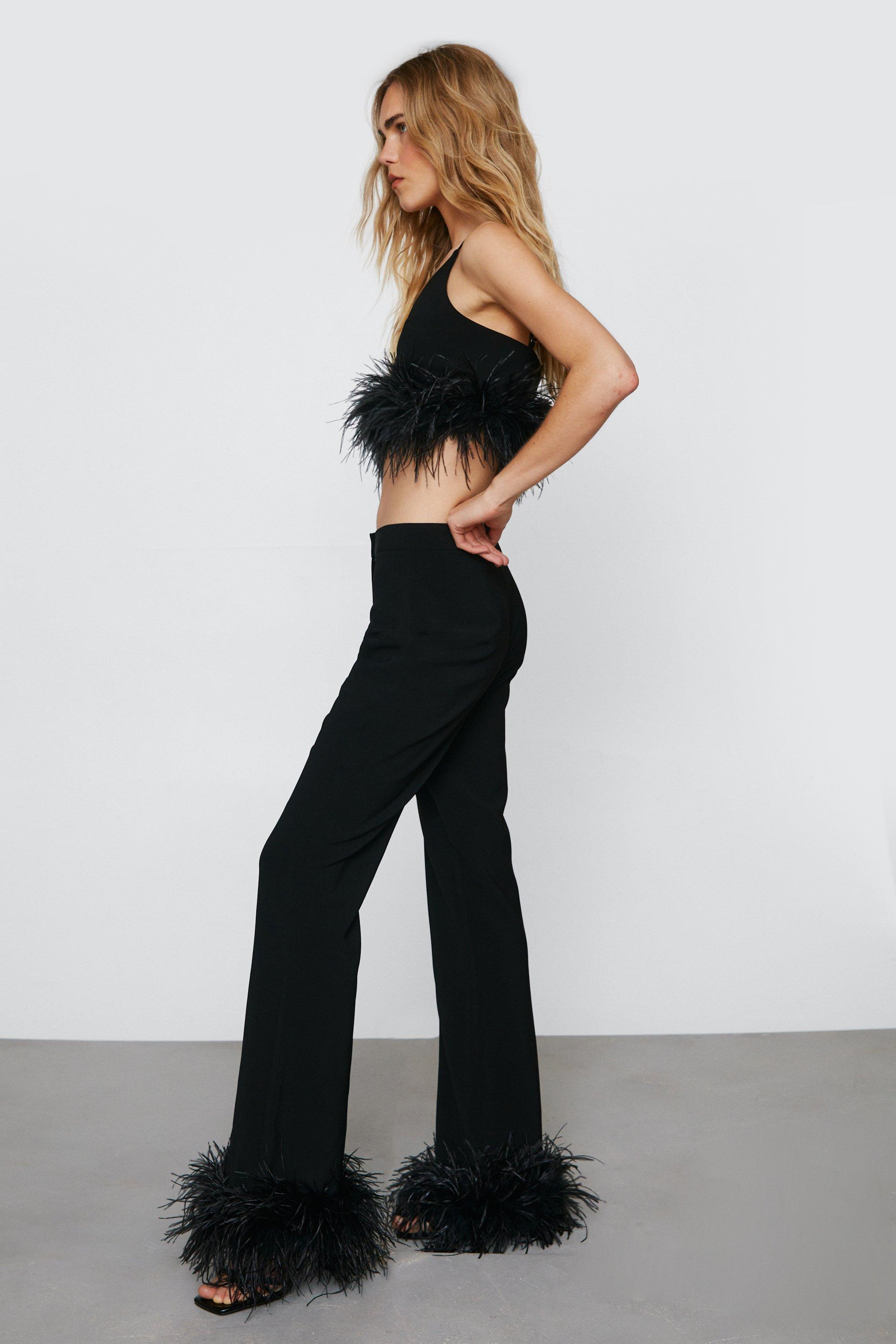 Canrulo Women Feather Long Pants Faux Fur Trim Trousers High