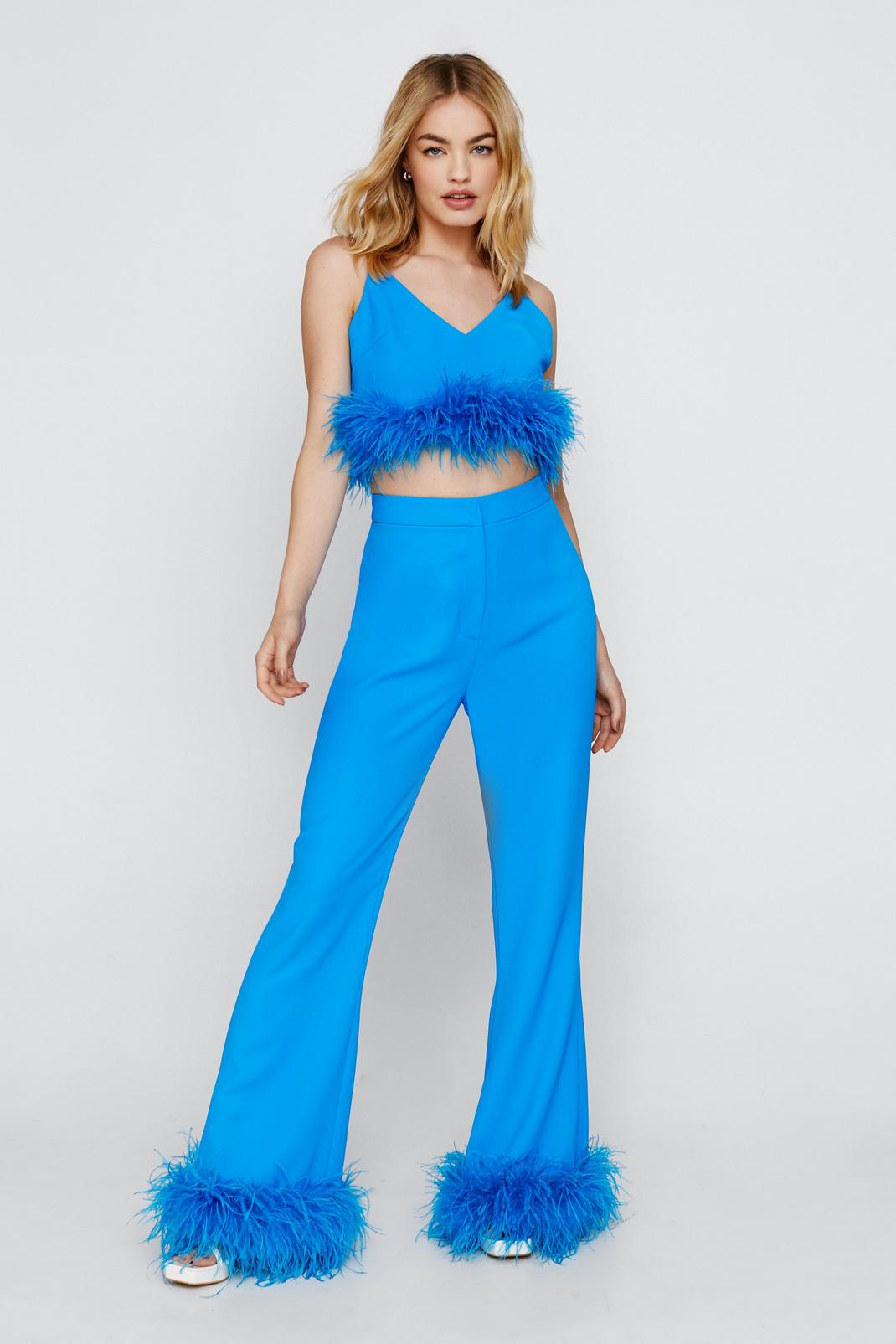 Blue Feather Trim Kick Flare Trousers image number 1