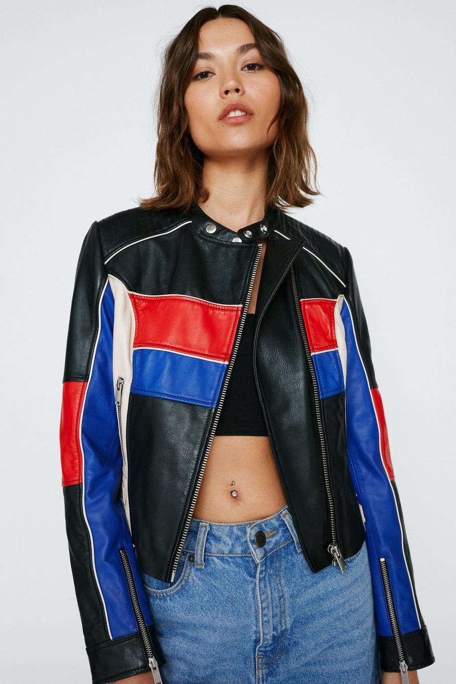 Motorcross Colour Block Real Leather Jacket