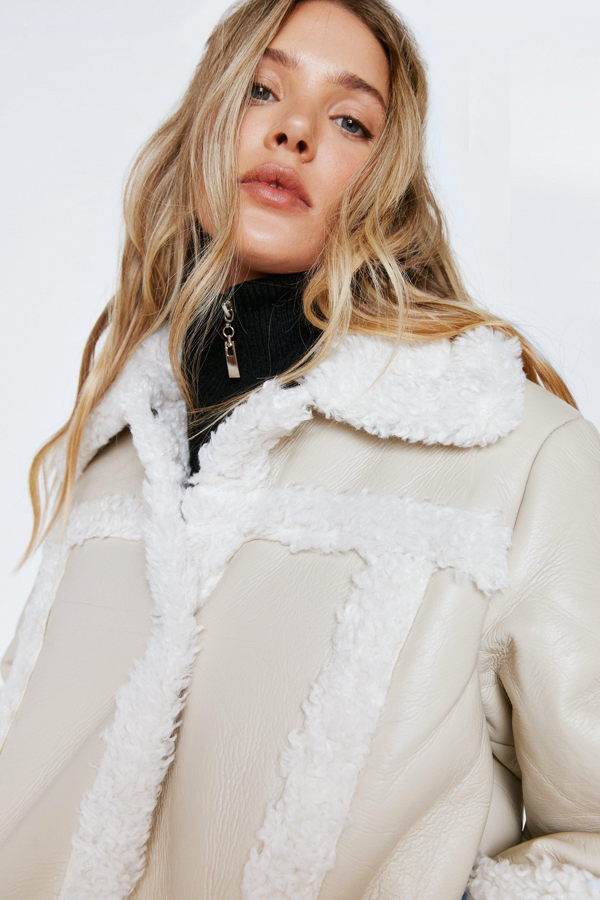 White faux fur coat with leather