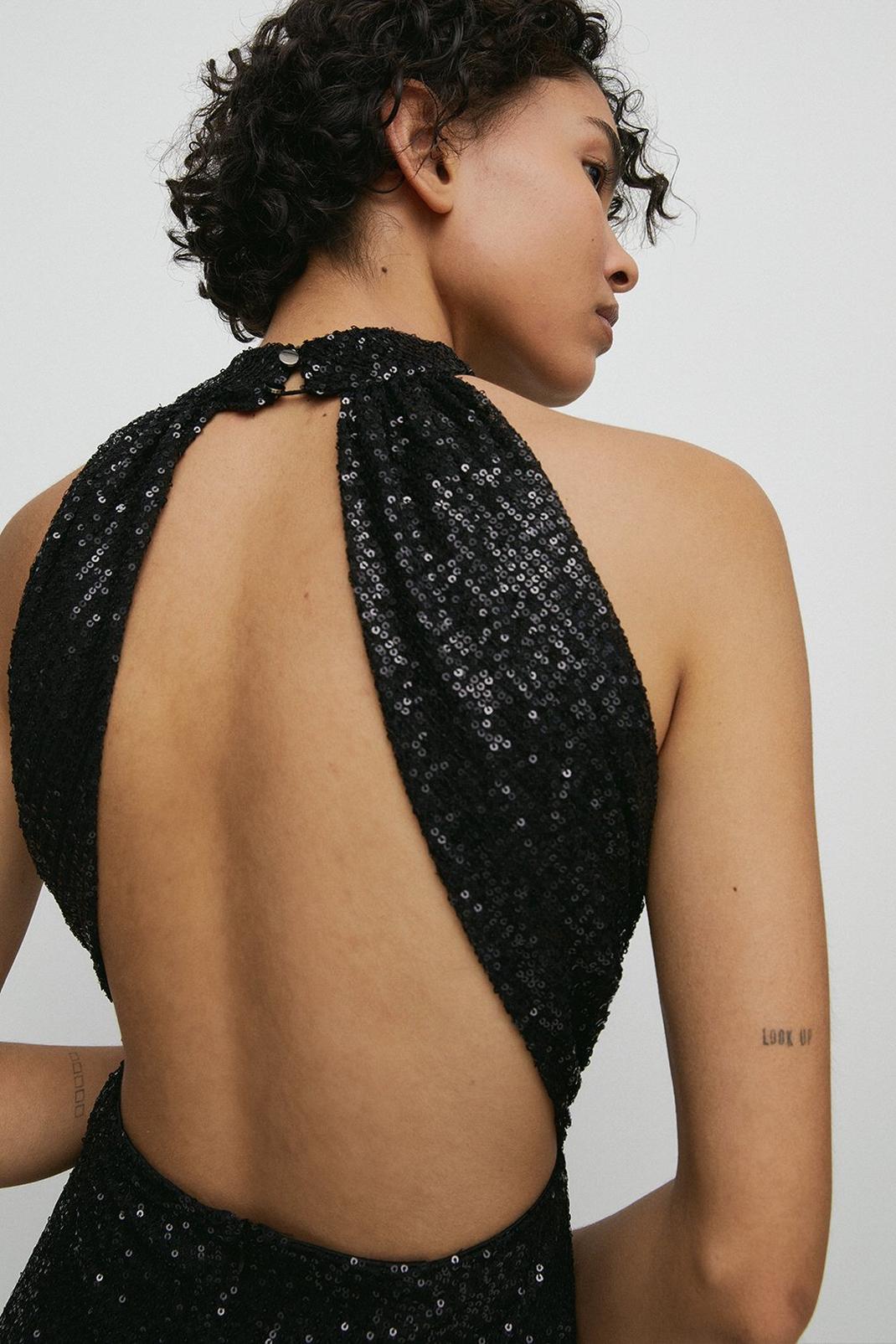 Warehouse Sequin Halter Drape Back Midi Dress, 105 image number 2