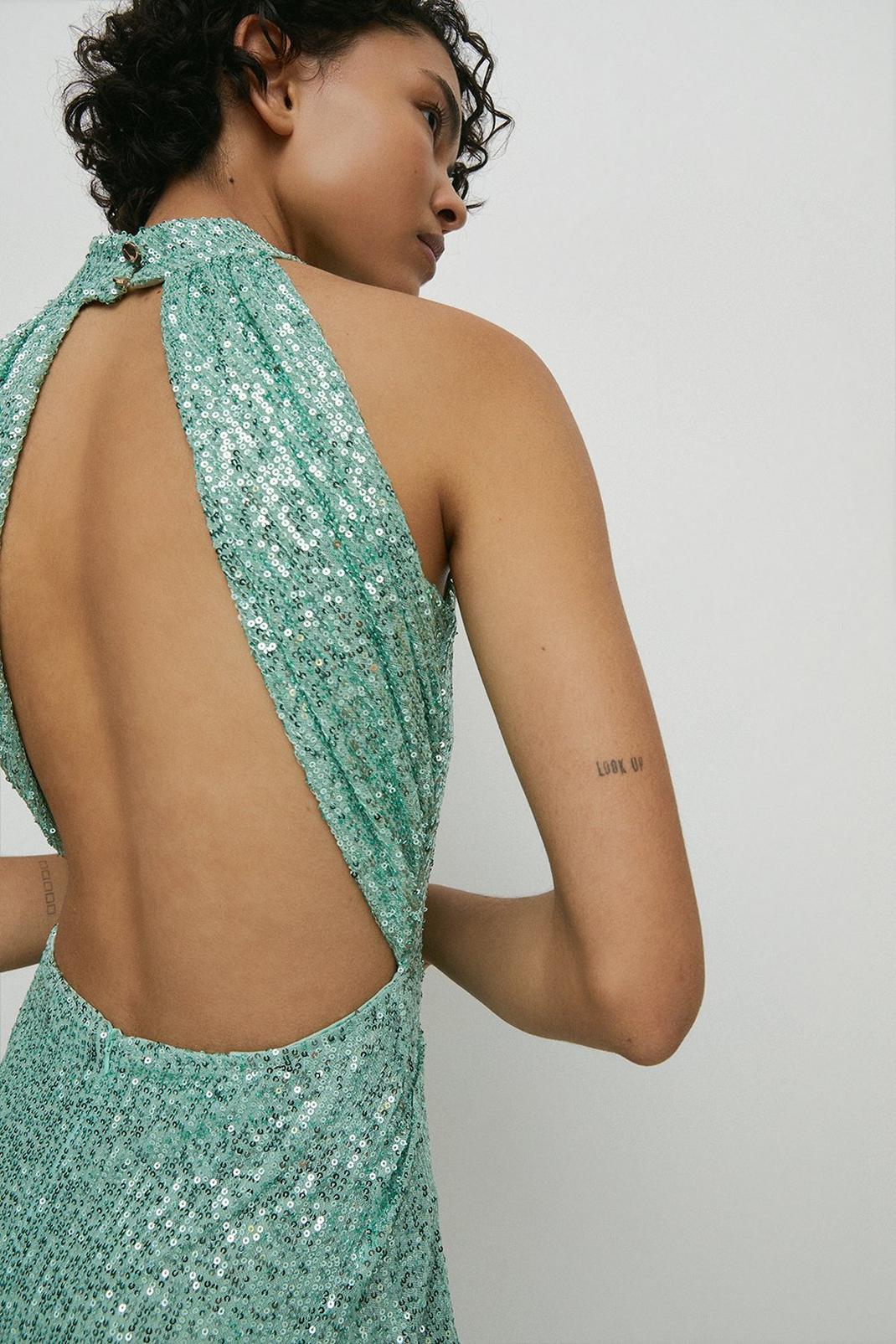 Green Warehouse Sequin Halter Drape Back Midi Dress image number 1