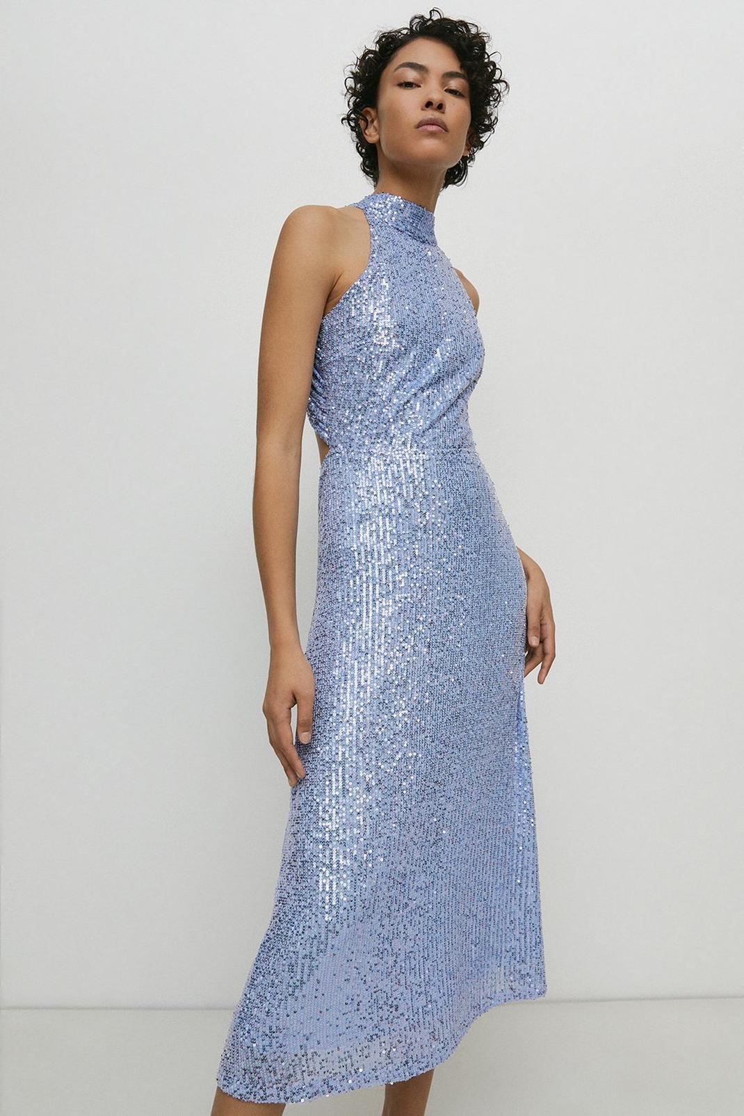 Lilac Warehouse Sequin Halter Drape Back Midi Dress image number 1