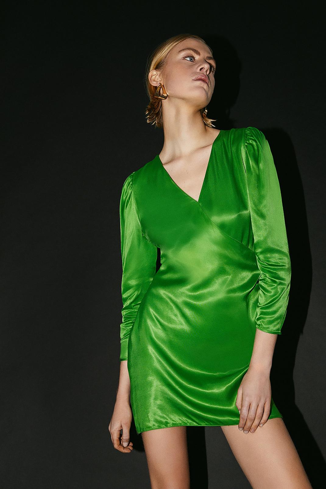 Mini robe satinée à manches longues , Green image number 1