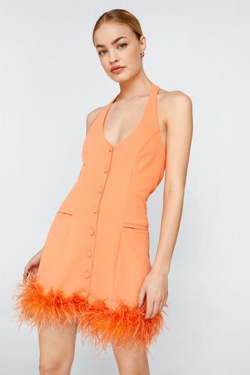 Orange Feather Trim Halterneck Tailored Dress