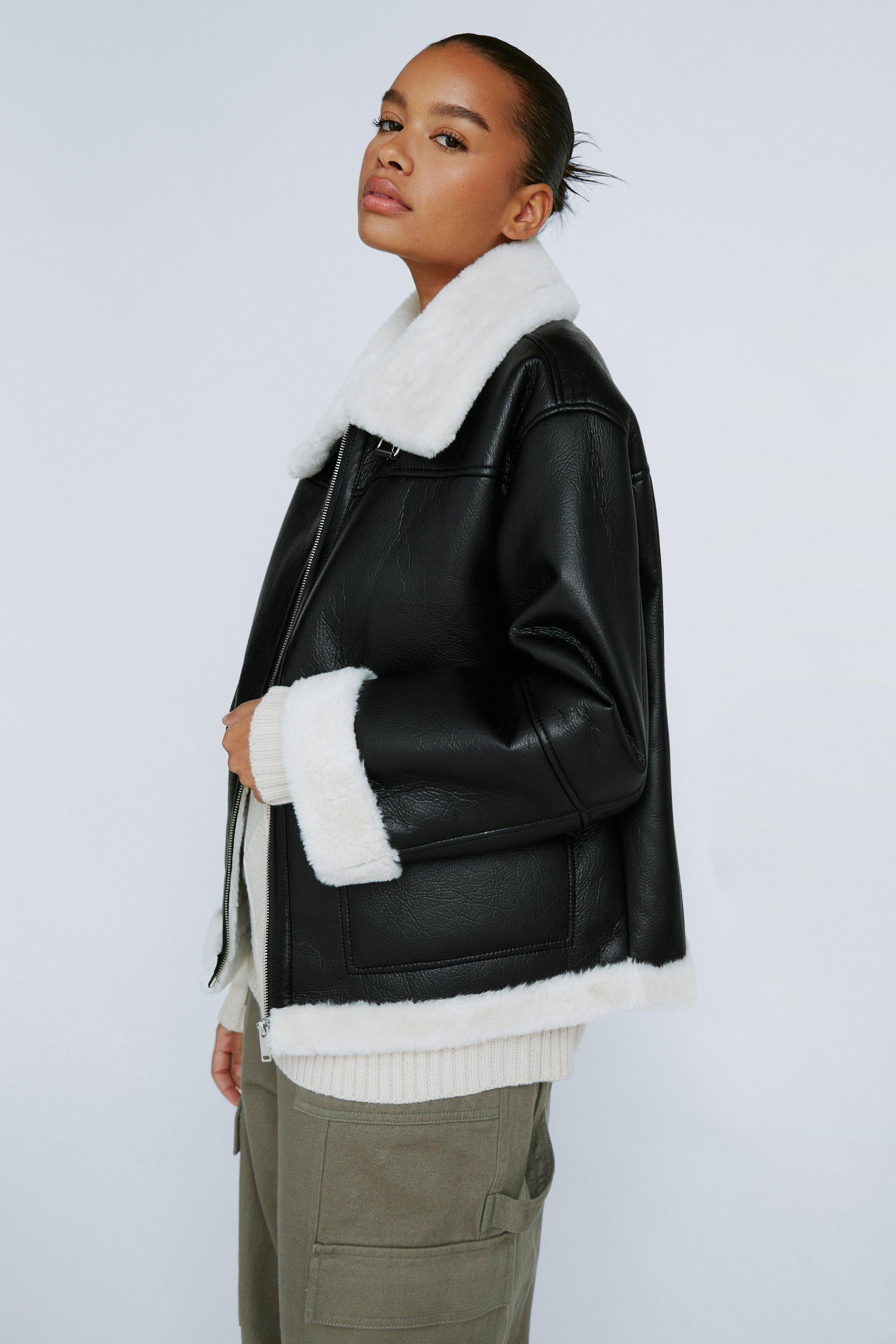 Plus Faux Leather Lined Oversized Aviator Jacket