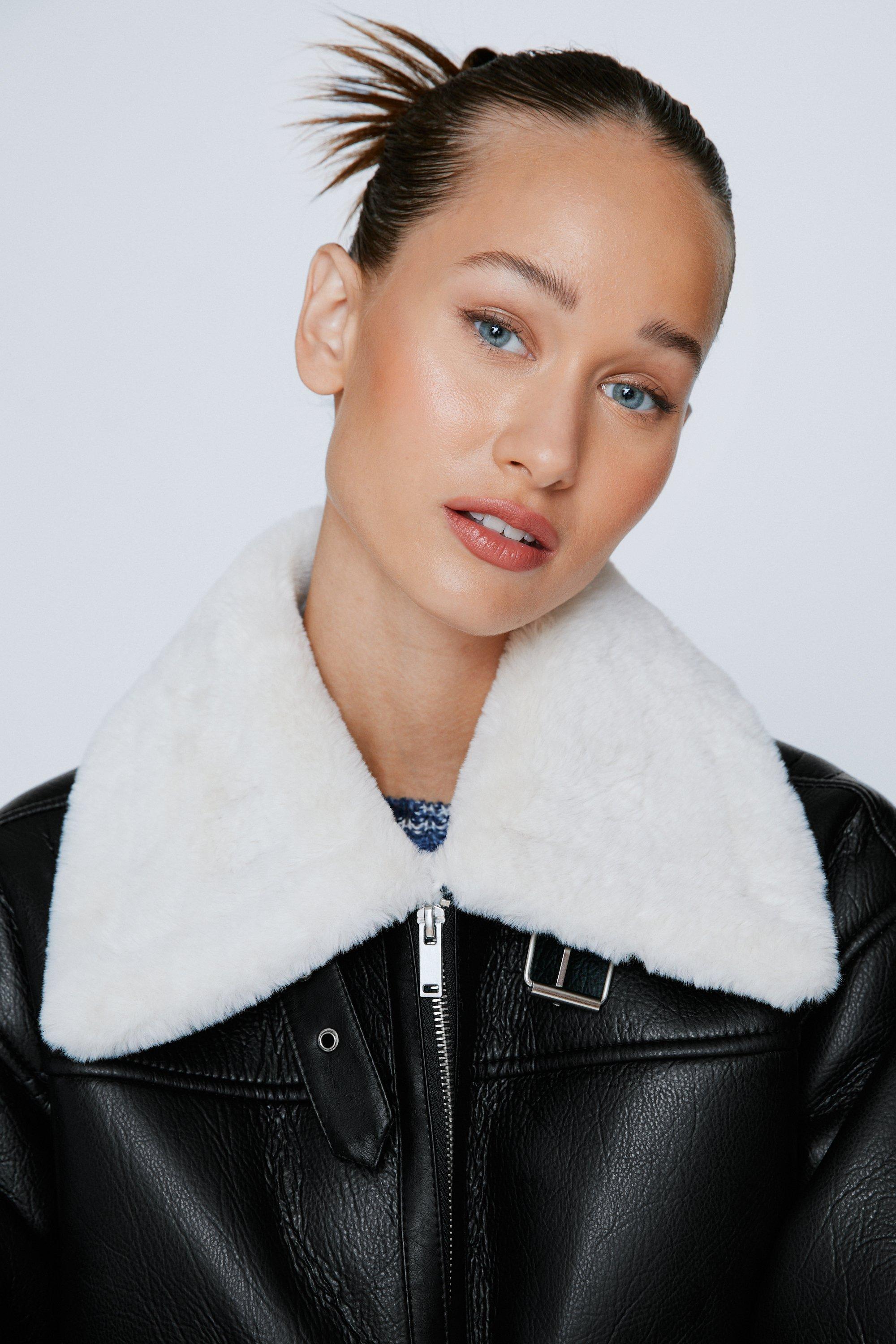 Black aviator jacket with white fur online