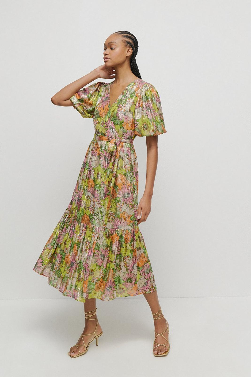 Green Warehouse Sparkle Jacquard Wrap Midi Dress image number 1