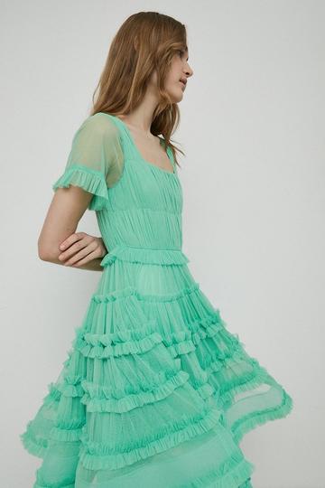Green Tulle Square Neck Frill Mini Dress
