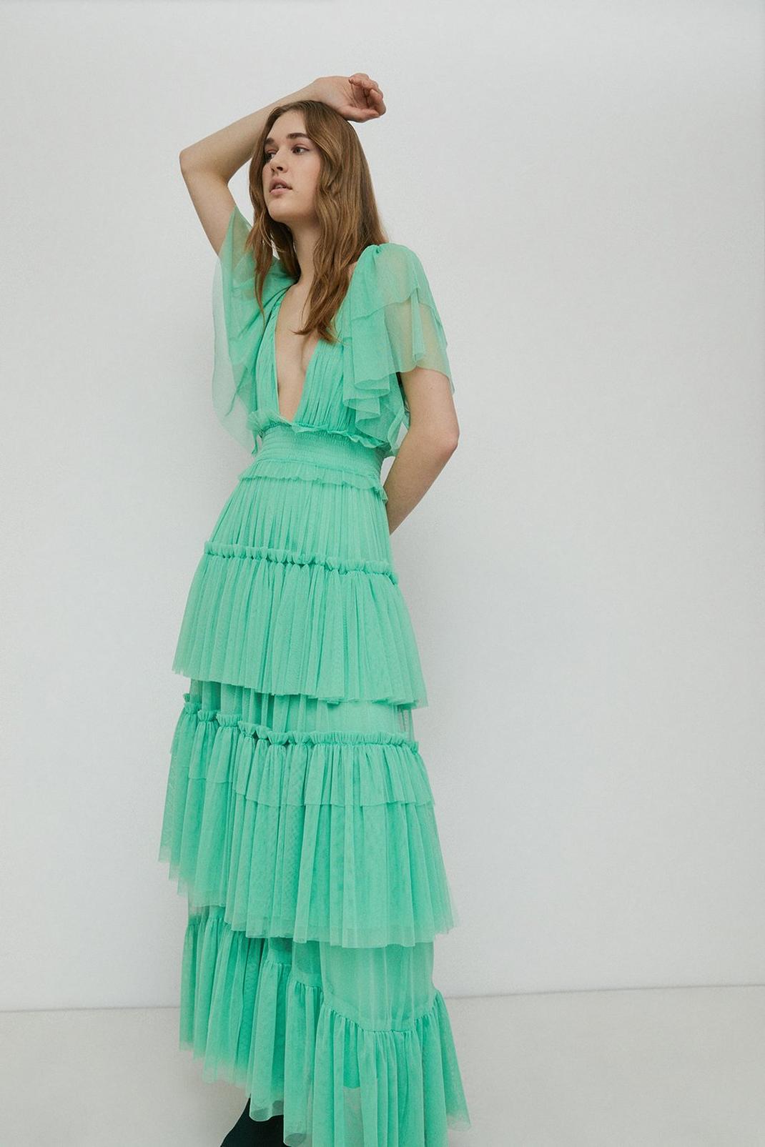 Green Tulle V Neck Tiered Maxi Dress image number 1