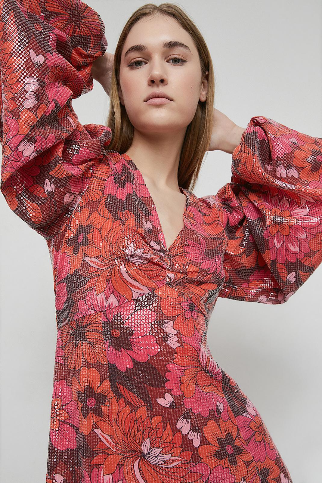 Multi Warehouse Printed Sequin V Neck Midi Dress image number 1