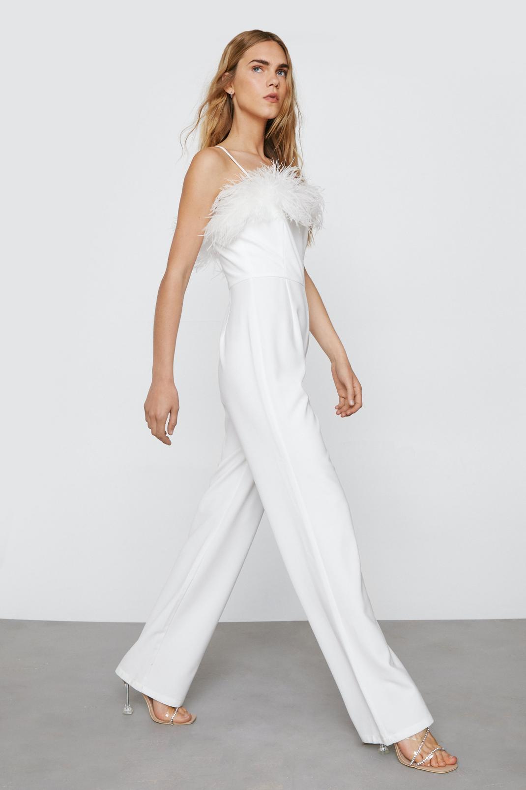 White Feather Trimmed Flared Jumpsuit image number 1