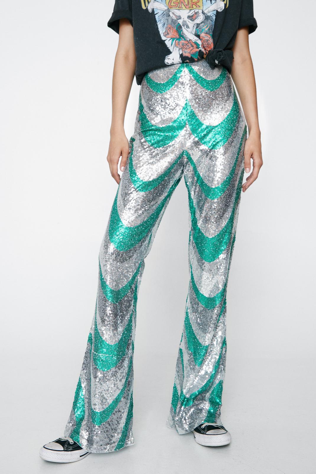 Green Sequin Wave Kick Flared Trousers image number 1