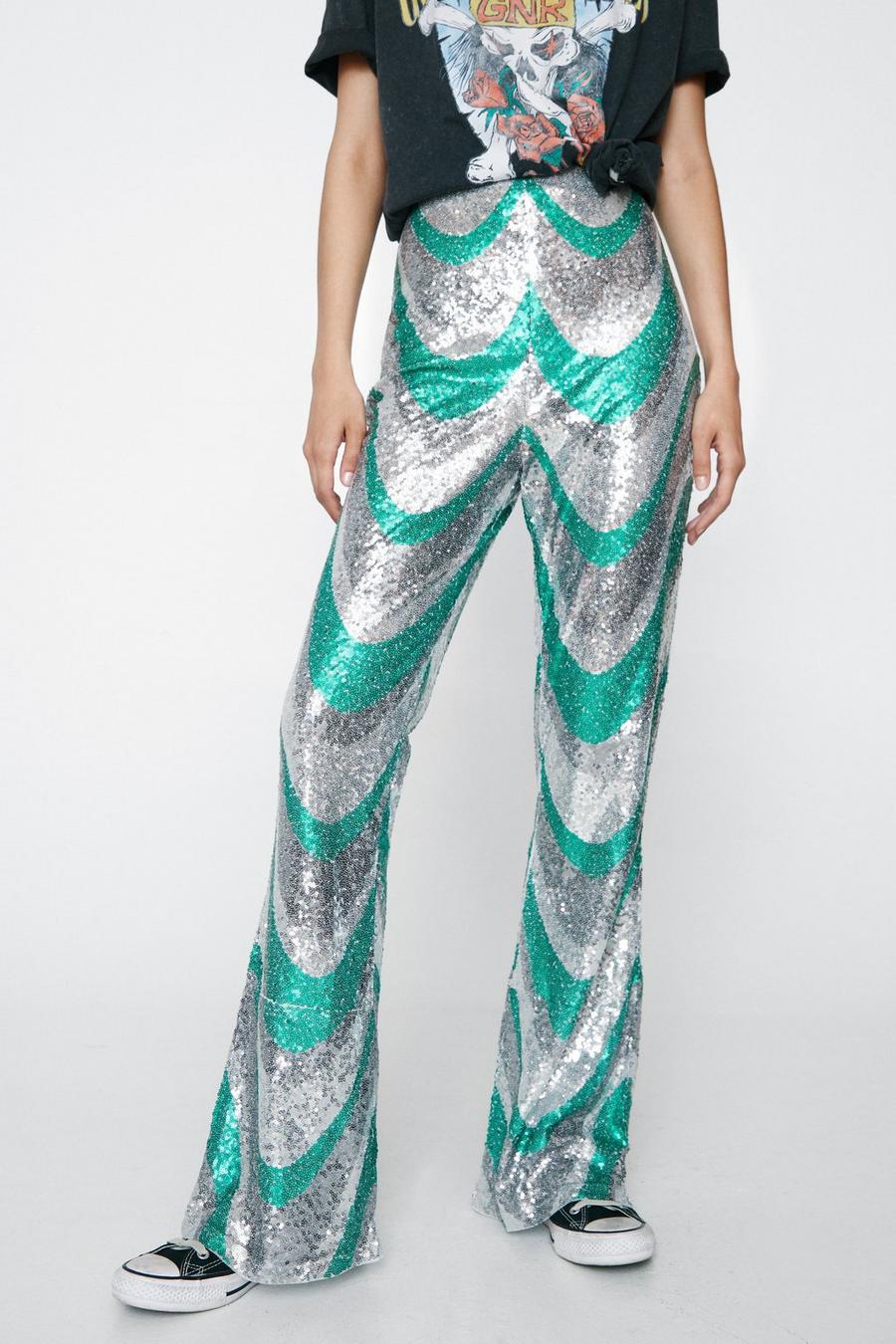 Sequin Wave Kick Flared Trousers