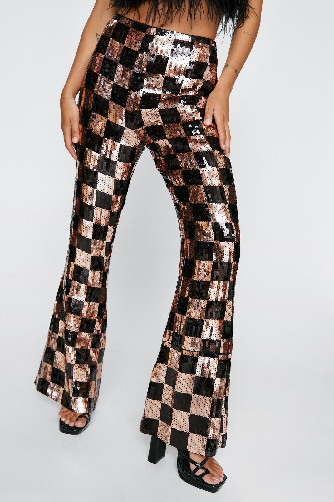 Petite Sequin Checkerboard Kick Flared Pants image number 1