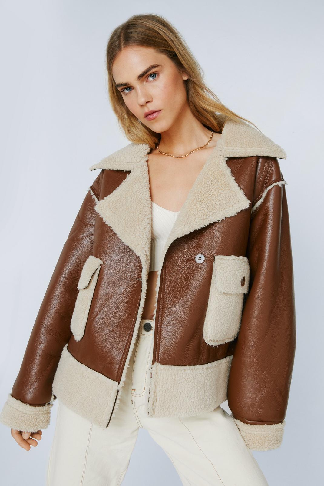 Tan Faux Leather Borg Lined Aviator Coat image number 1