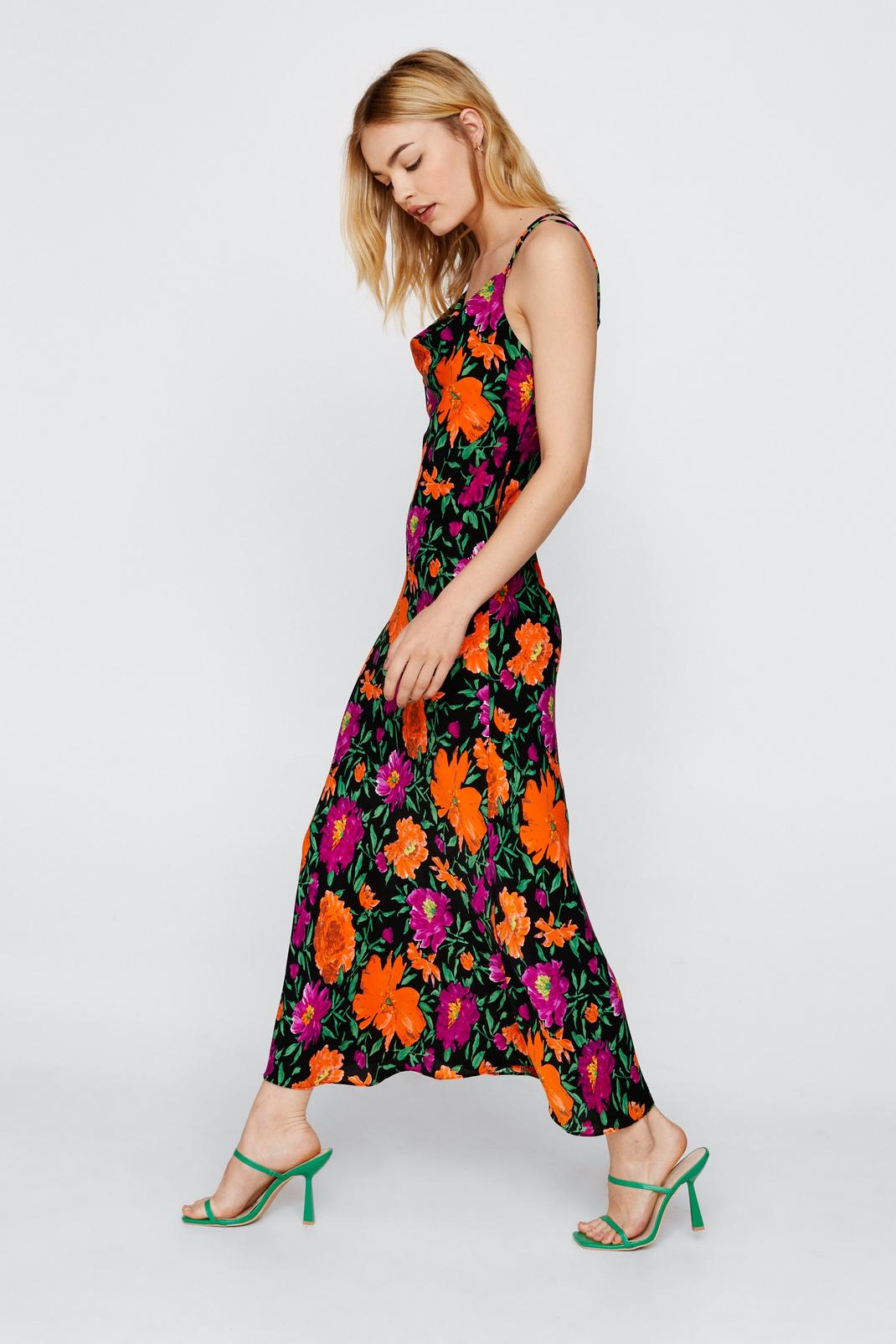 Black Floral Print Cowl Neck Maxi Slip Dress image number 1