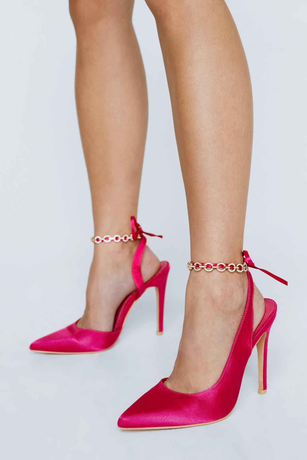 Pink Embellished Satin Strappy Court Heels image number 1